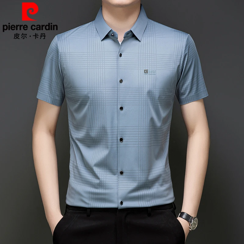 皮尔卡丹正品男士短袖衬衫条纹格子夏季抗皱免烫无痕轻奢高档衬衣