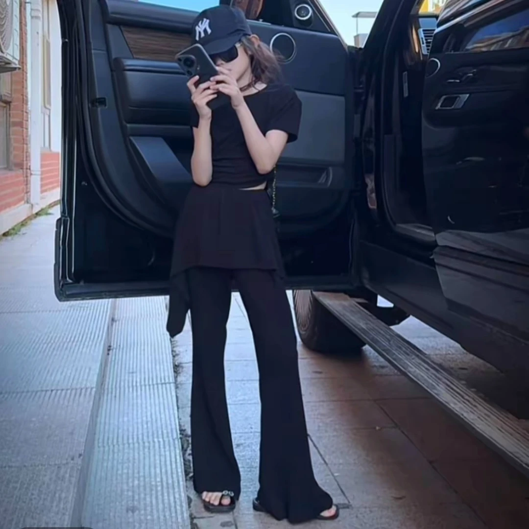 女童韩版套装2025年儿童短袖假两件修身喇叭裤夏装纯色时尚两件套