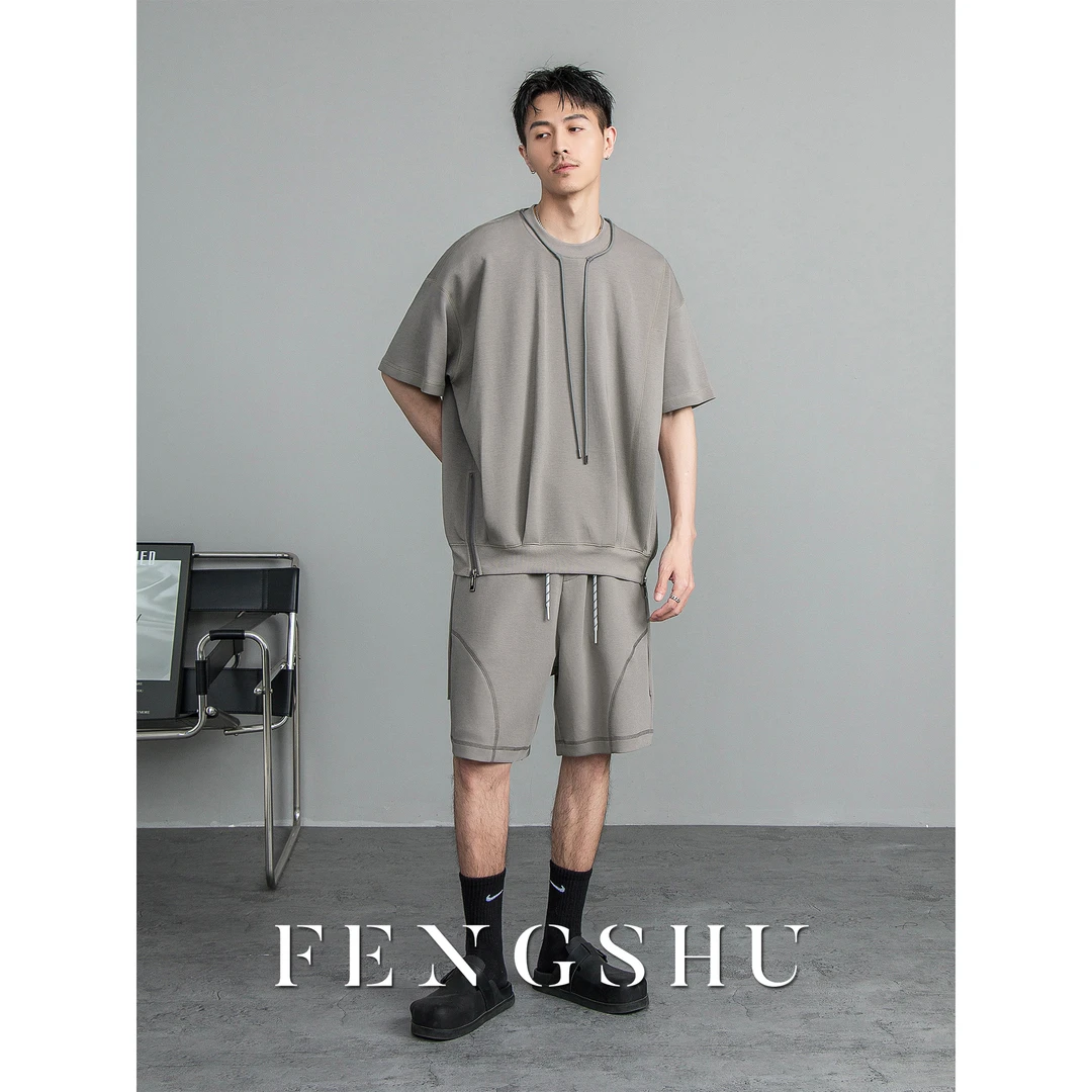 FENGSHU设计感休闲短袖套装男2025夏季小众宽松简约短裤T恤两件套