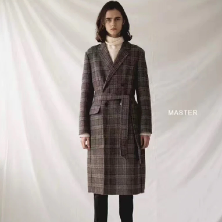 女宽松型常规毛呢外套排扣秋冬设计师双面外套百搭格子