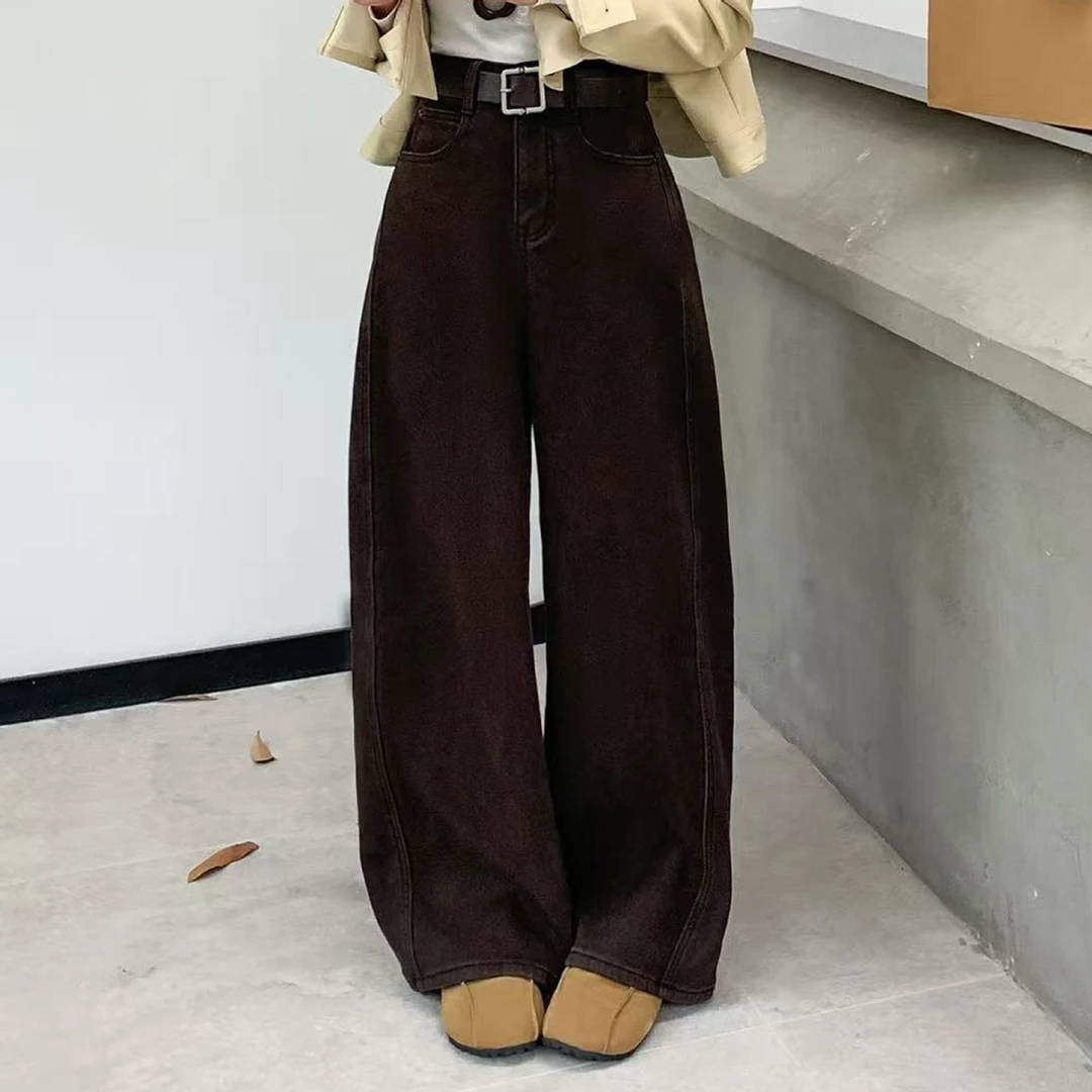 25新款冬季弯刀裤加厚加绒高腰宽松阔腿百搭休闲牛仔女长裤22722