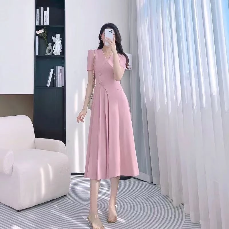 粉色I连衣裙女夏V领精致正式场合法式百褶裙D1000