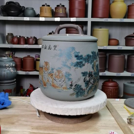紫砂茶叶罐石瓢双虎献瑞13