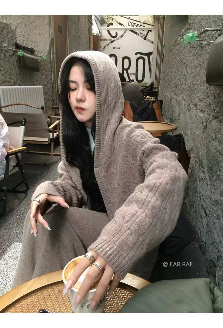 秋冬女士扭花羊毛开衫宽松百搭加厚连帽开衫气质插肩打底针织毛衣
