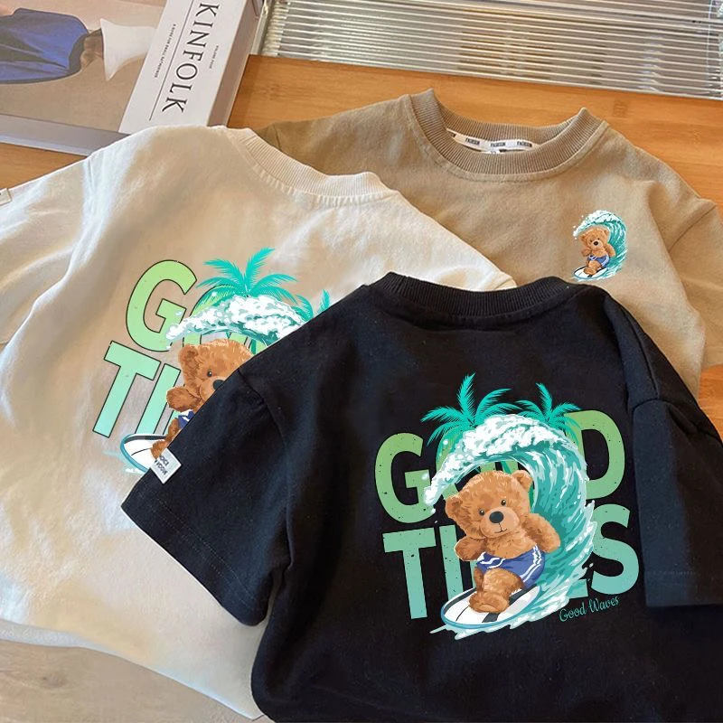 夏天潮牌小熊印花短袖T恤男童宝宝宽松韩版夏季圆领中小童上衣薄t