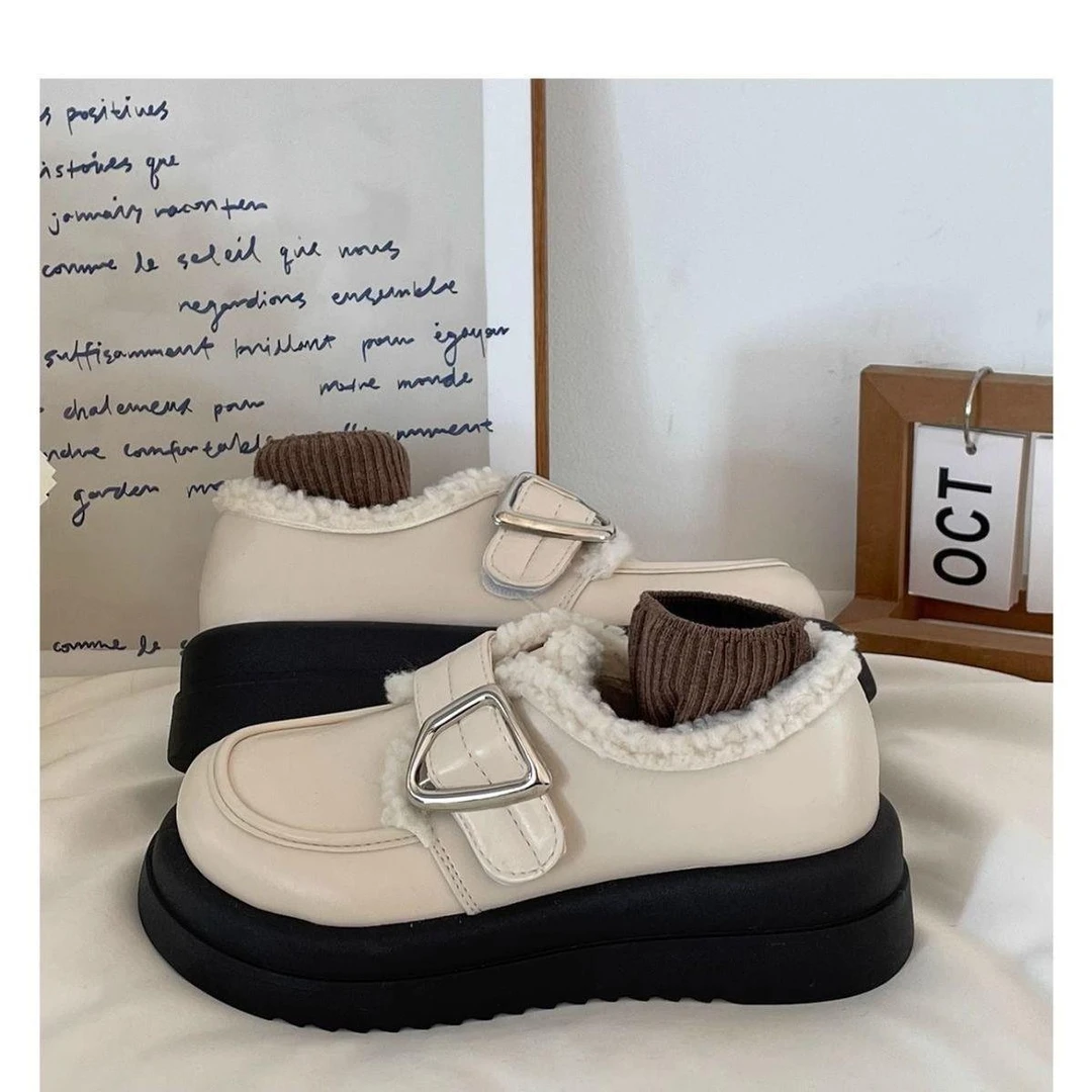 厚底松糕加绒小皮鞋女2025新款秋冬保暖乐福鞋复古英伦风棉鞋ins
