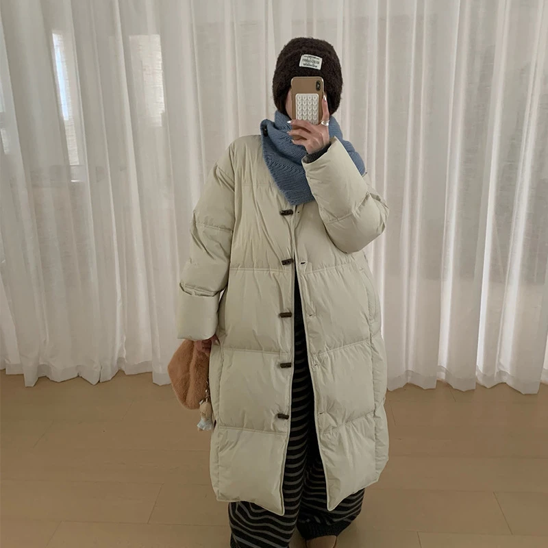 苏奈【配披肩】圆领长款过膝韩系羽绒服女保暖百搭外套tableblue