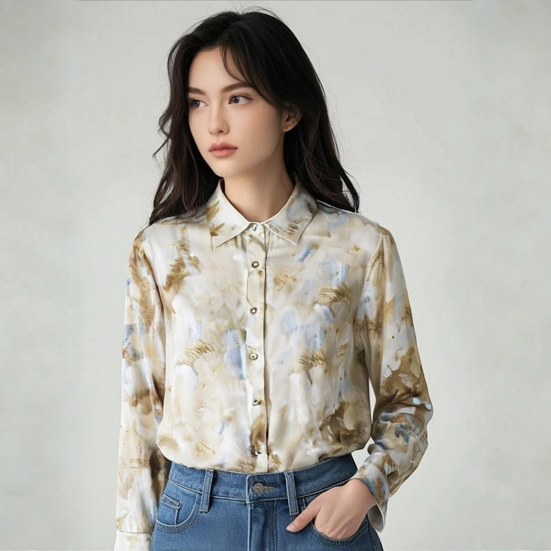 桑蚕丝百搭衬衫上衣长袖休闲纯色时尚花色简约 LW  825007