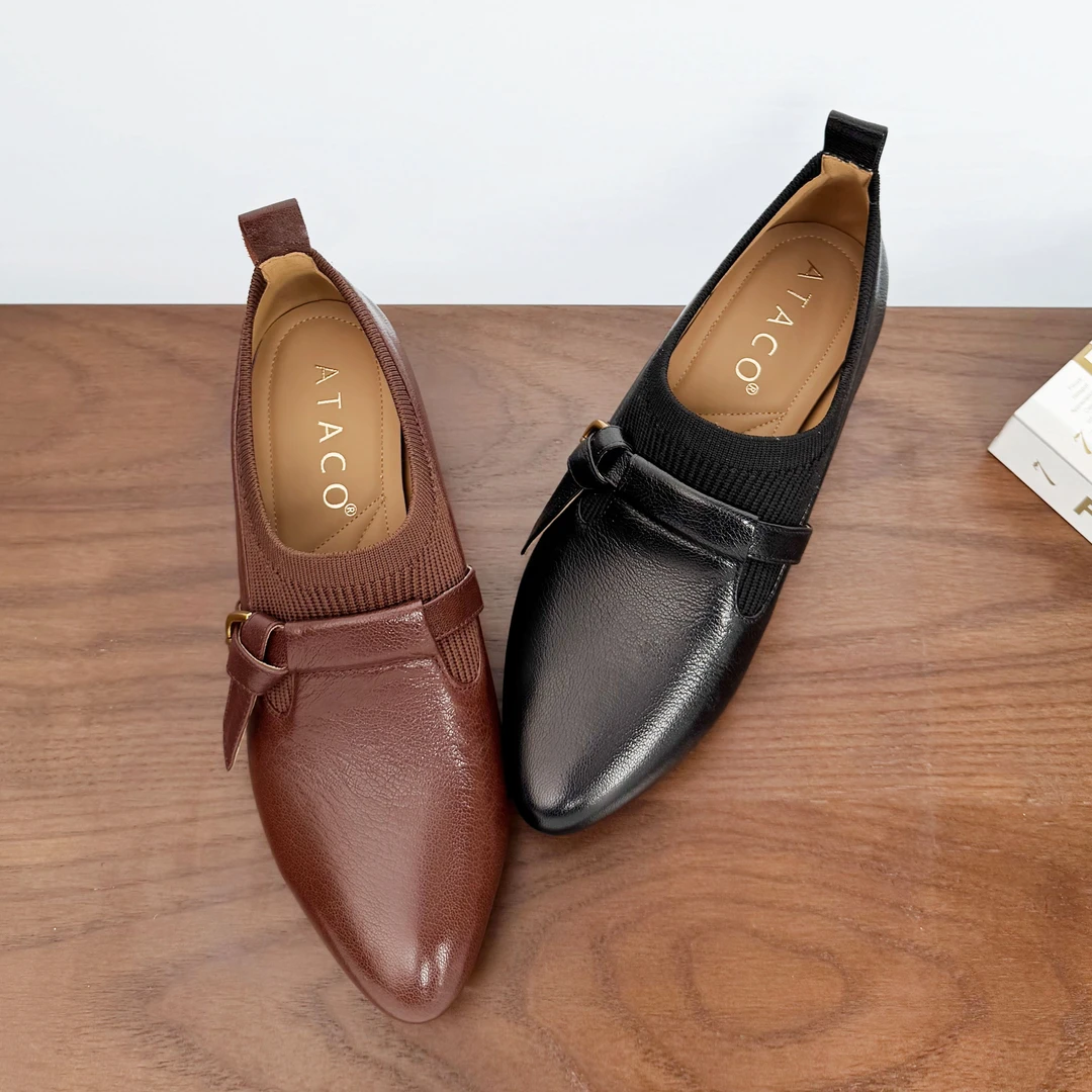 2025年春季尖头针织舒适柔软洋气时尚气质皮扣单鞋JH003