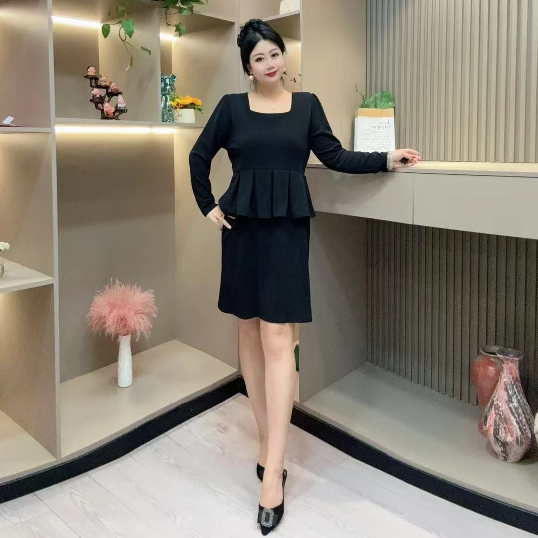 秋季连衣裙-檬 8115时尚潮流假两件菲边设计收腰胖MM大码女装新款