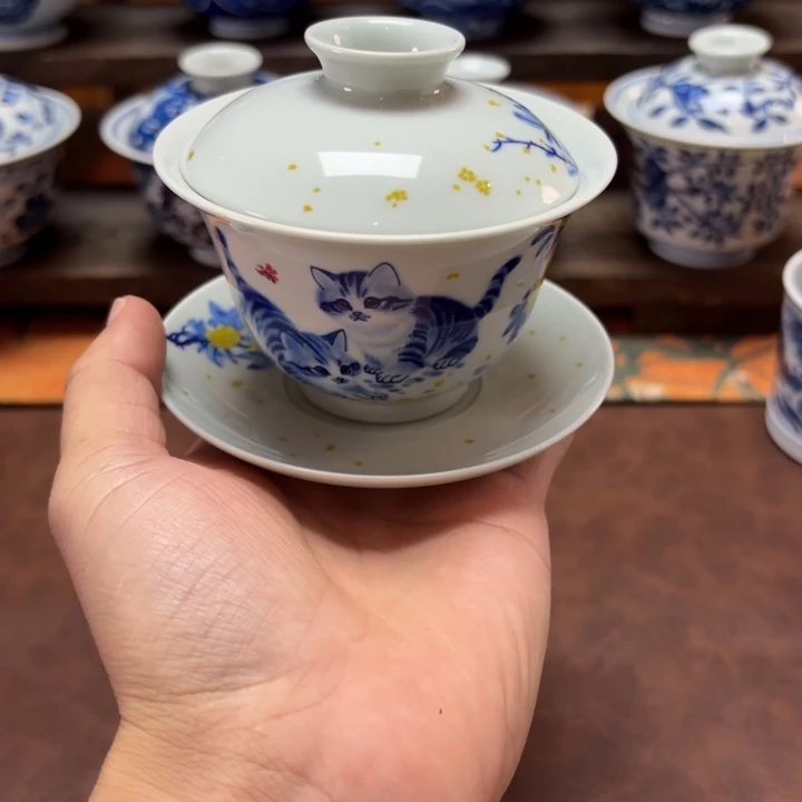 景德镇纯手工手绘小猫盖碗