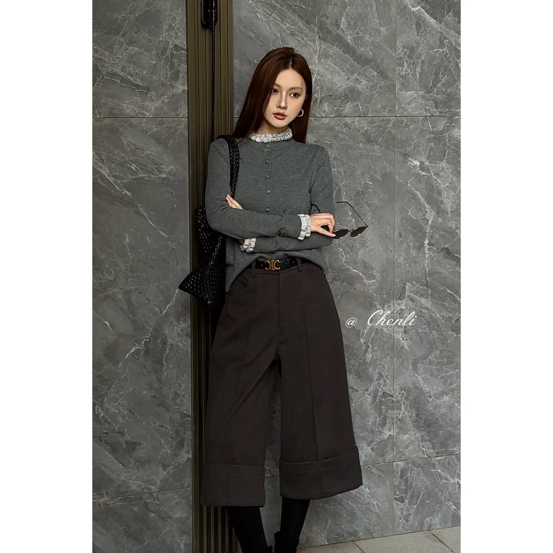 【灰色毛呢卷边阔腿裤】琥珀流光显瘦阔腿裤