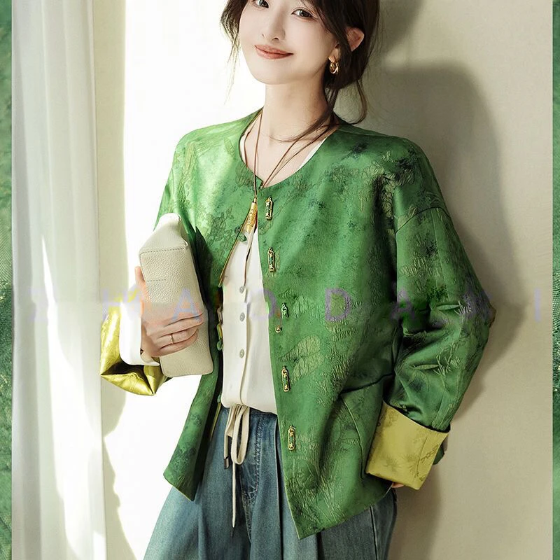 时尚简约新中式拼接民族风复古上衣女春季新款印花盘扣短款上衣