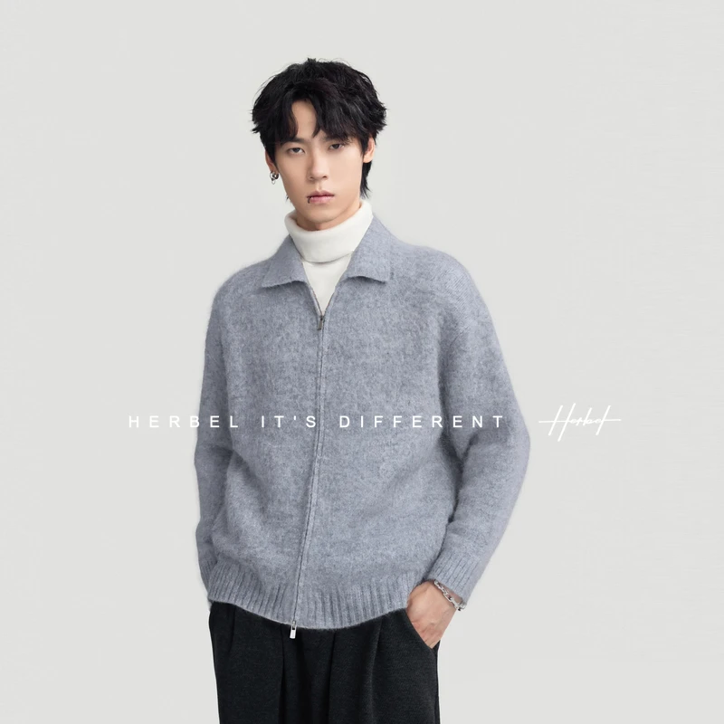 HERBEL/黑白毛衣开衫男款2025年冬季新款百搭翻领拉链款针织开衫