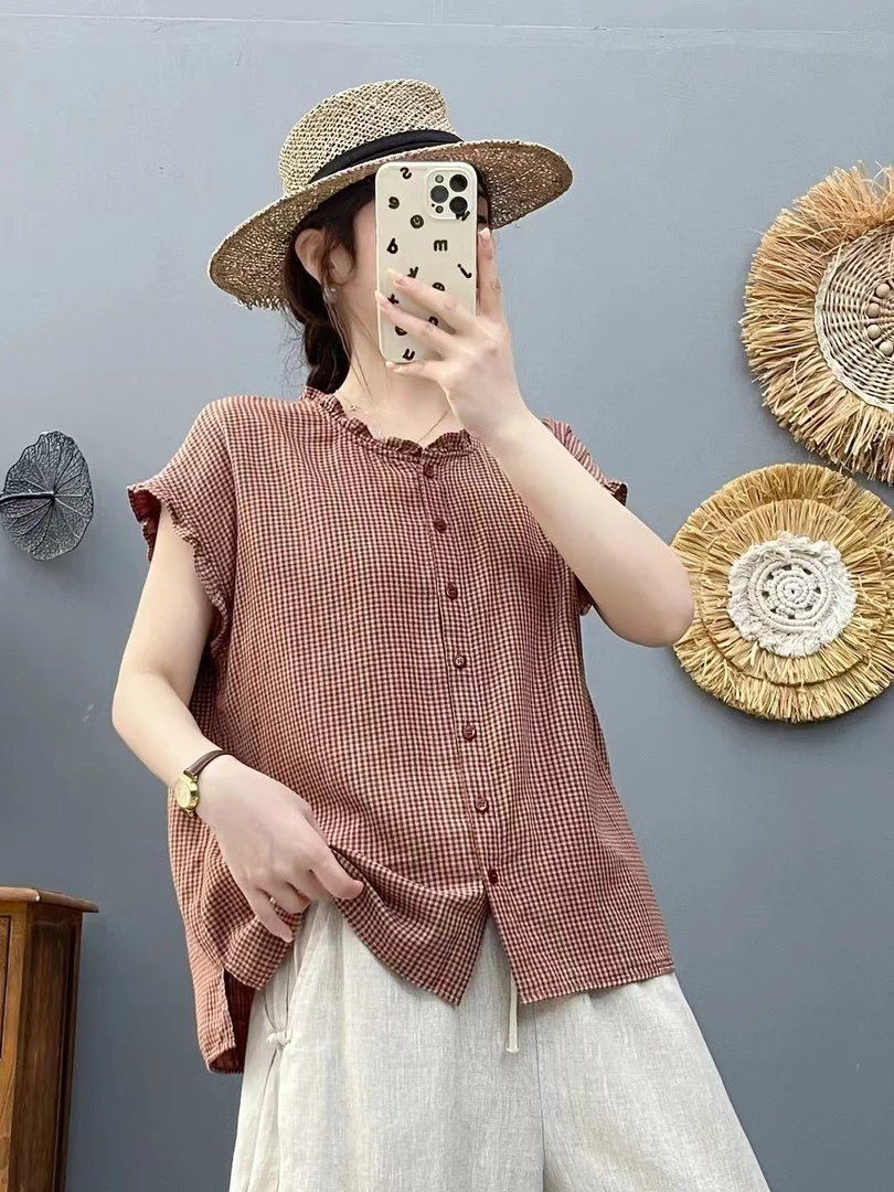 【纯棉】夏季新款纯棉纯色透气吸汗飞飞袖衬衫木耳边圆领上衣女装