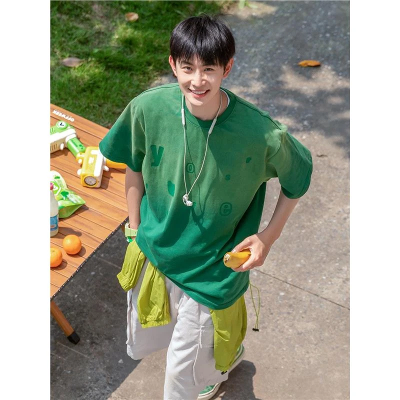 300斤特大码个性渐变色水洗做旧重磅圆领休闲短袖t恤男夏季半袖潮