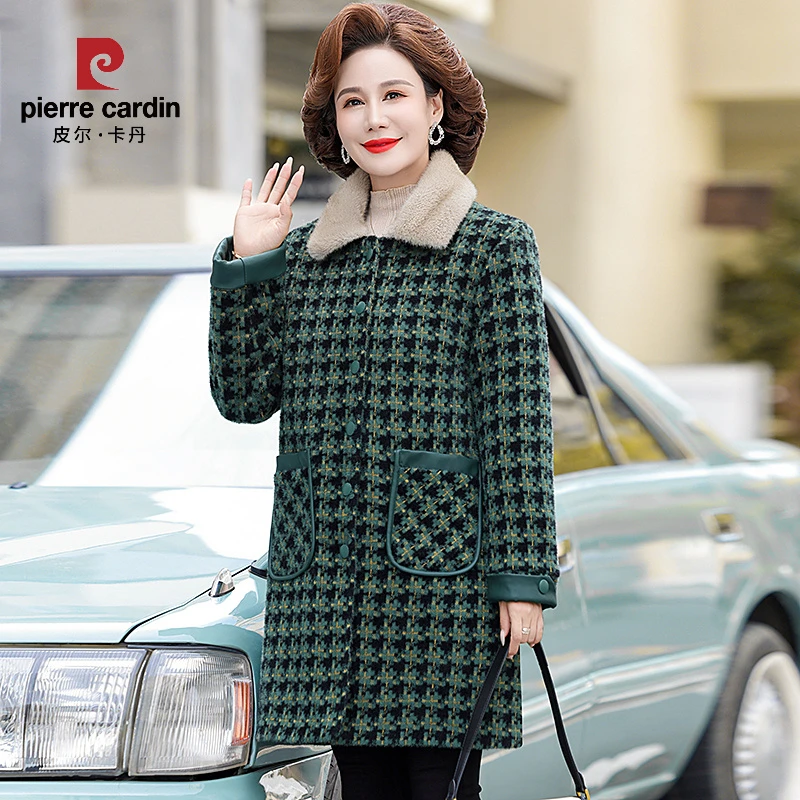 皮尔卡丹新款妈妈格子毛呢外套冬装中长款大衣洋气加棉加厚高贵中