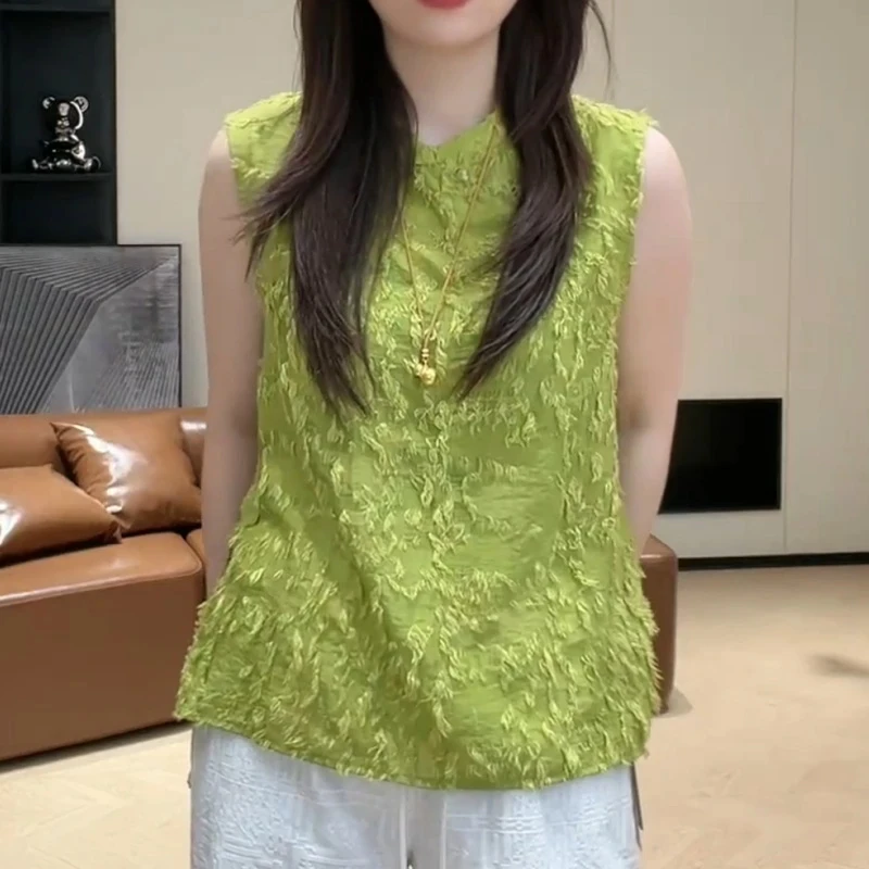 新中式国风流苏立领无袖绿色衬衫女2025夏季新款宽松减龄背心上衣