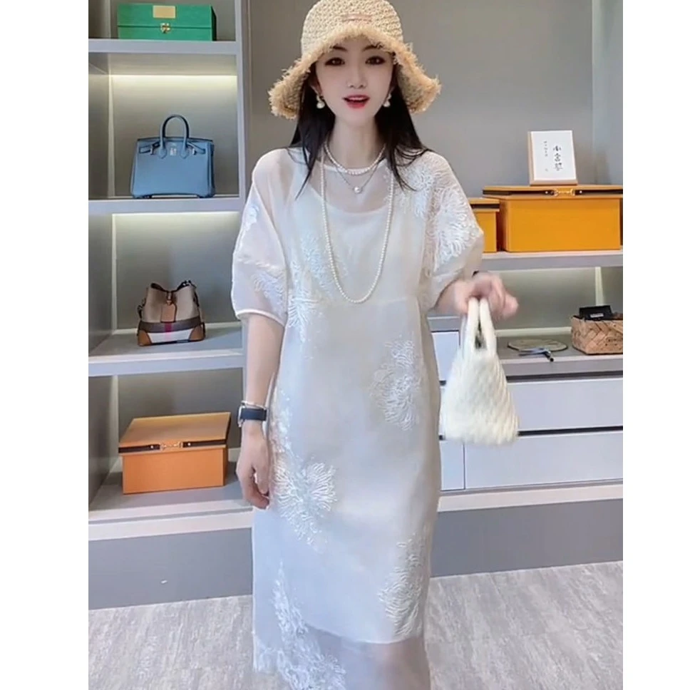 夏季时尚修身遮肚子减龄落肩灯笼袖简约连衣裙女仙气超仙森系裙子