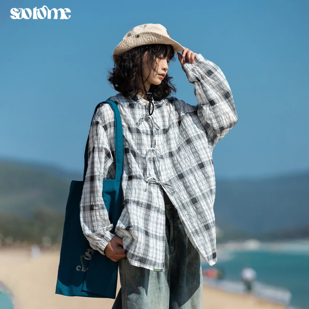 早乙女惠子saotome日系复古休闲百搭微皱格纹绑带慵懒感衬衫0102