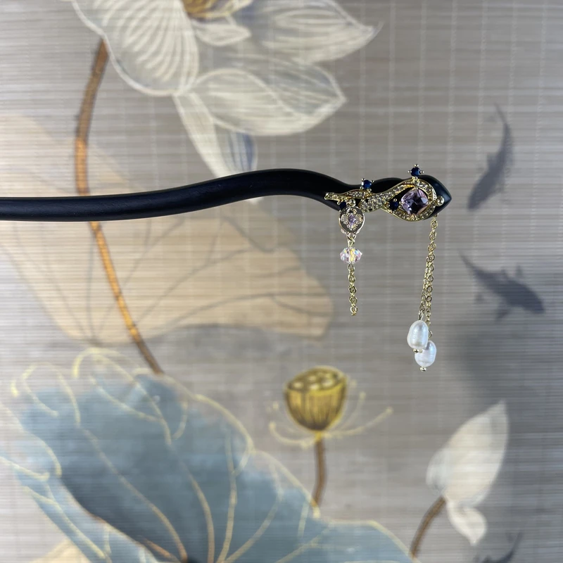 J341蛇头簪紫色配饰18公分发簪气质中式纯手工国风百搭时尚木发簪