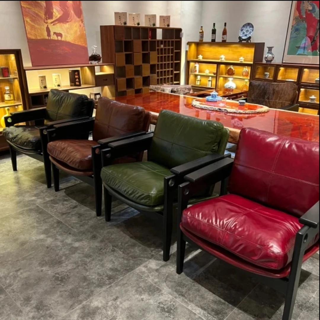 茶室设计北欧实木真皮主人位椅远山椅休闲沙发实木真皮单人沙发椅