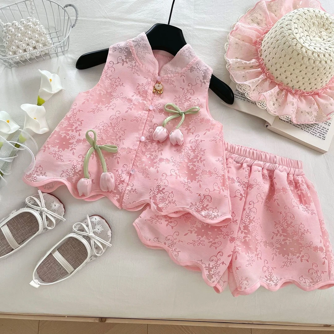 夏季2025新款中国风唐装薄款无袖女童单排扣洋气宝宝新中式两件套