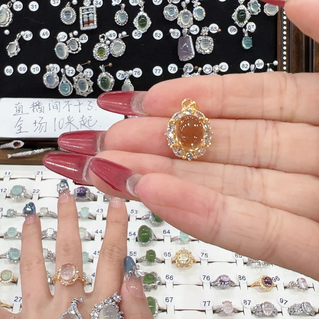 蛇纹石玉银S925镀金镶嵌戒指