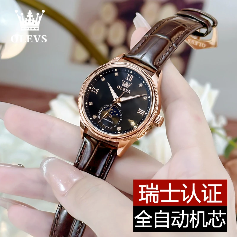 女士手表时尚全自动机械表气质精致防水潮流夜光月相镶钻高档腕表