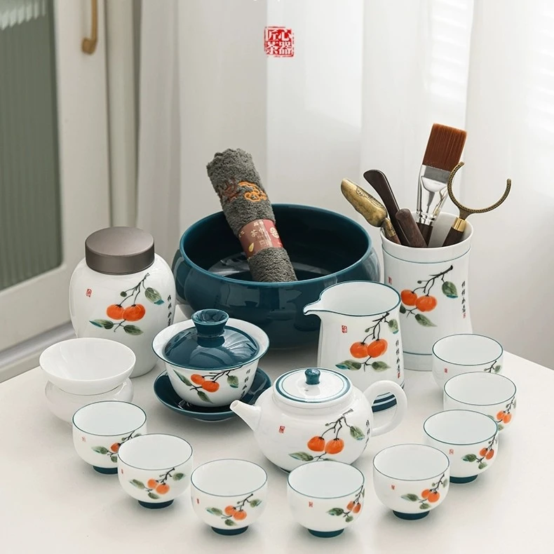 釉下彩轻奢茶具家用办公节日送礼佳品高档大容量中式茶套手绘复古