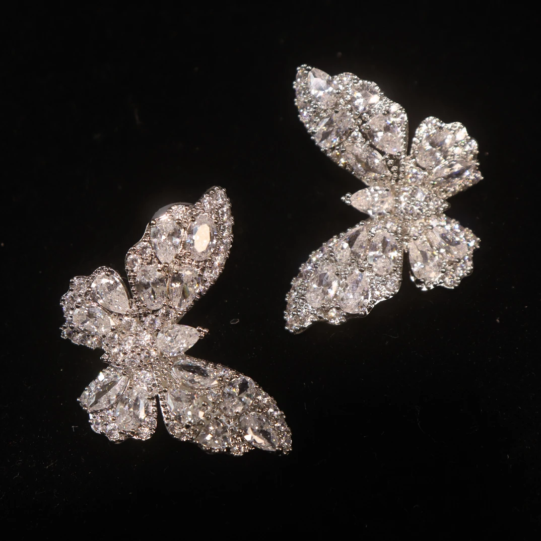 非金属合成锆石耳饰 2486新娘满钻镶嵌蝴蝶耳夹无耳洞精致耳夹