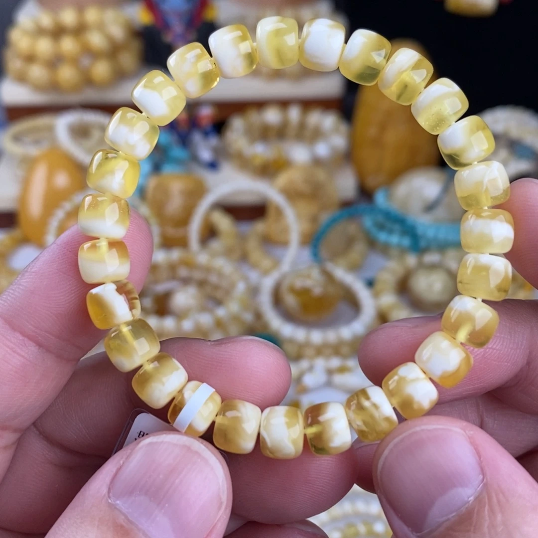 蜜蜡未镶嵌手链金瓷白妖花8mm