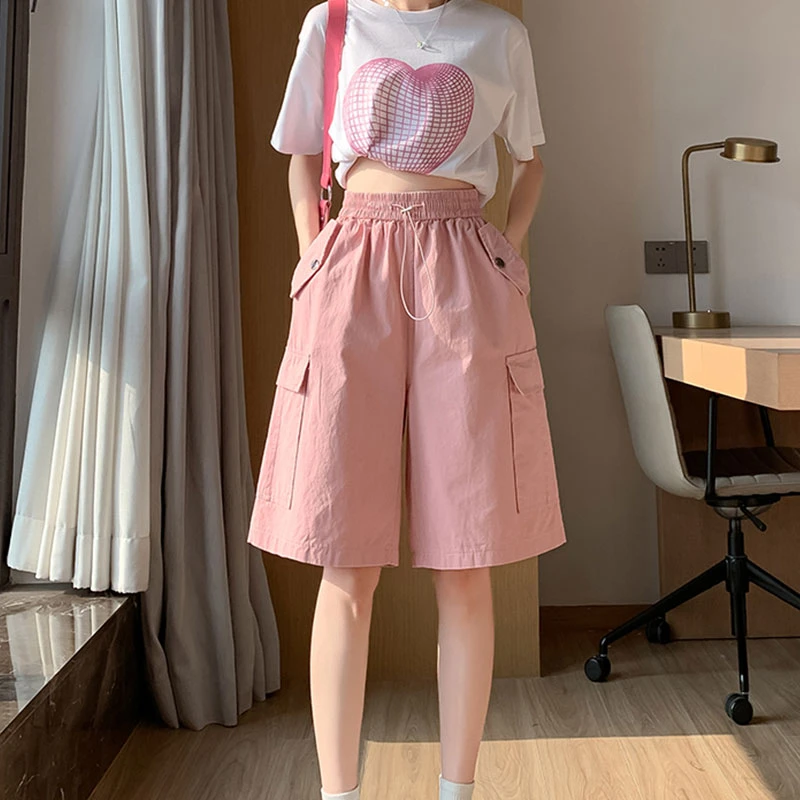 胖mm大码2-300斤美式复古工装短裤女夏季高腰显瘦宽松阔腿五分裤