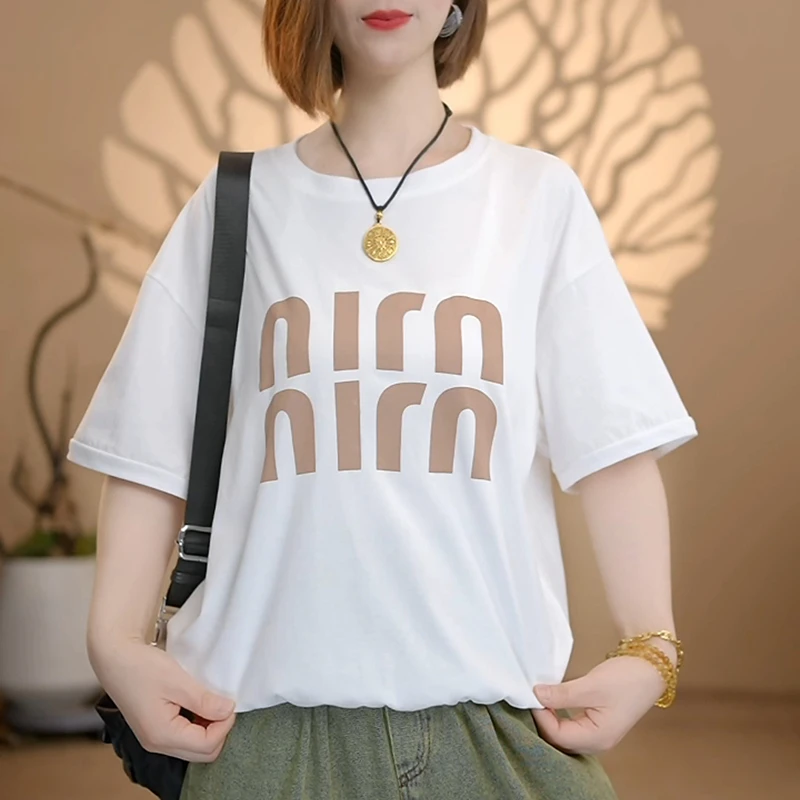 【语花舍】宽松型吸汗中长款欧美风短袖T恤韩版印花时尚夏季6130