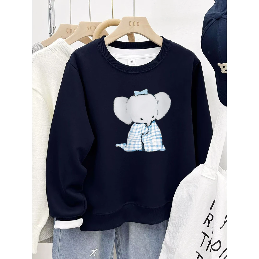 秋冬季加绒加厚大码女装小象印花正肩圆领卫衣胖mm减龄百搭上衣潮