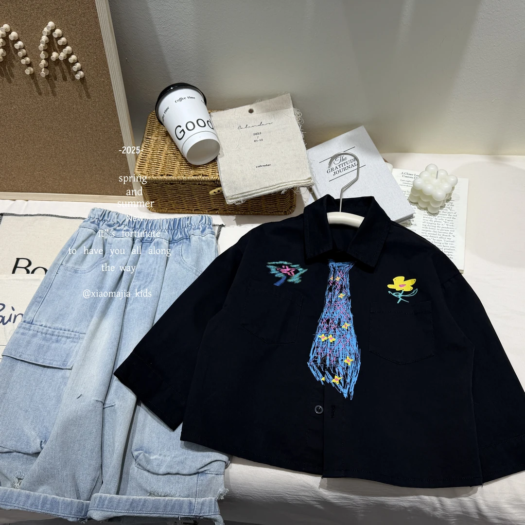 现货-儿童春季长袖衬衫D-5175印花涂鸦领带韩版男童衬衫女童上衣