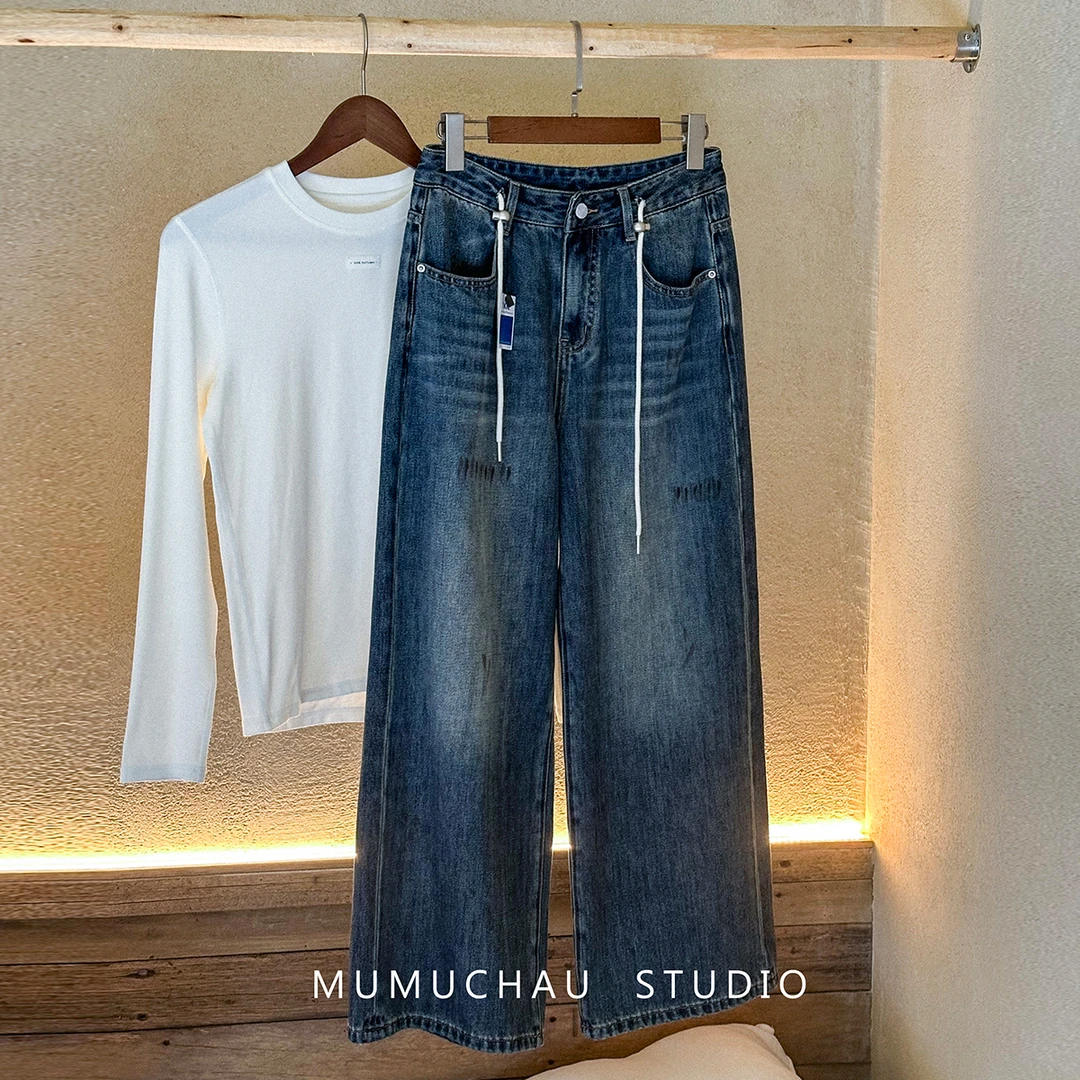 现货「MUMU CHAU」【随意感】定制牛仔女秋直筒裤印花牛仔裤LQ58111