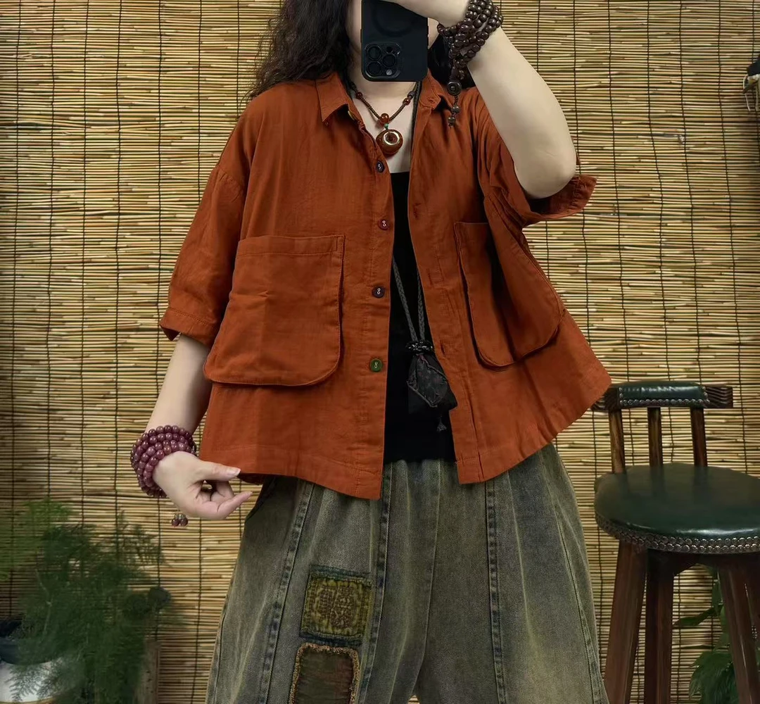 3762休闲时尚百搭宽松彩色扣大口袋翻领上衣（长55左右，90-160斤）