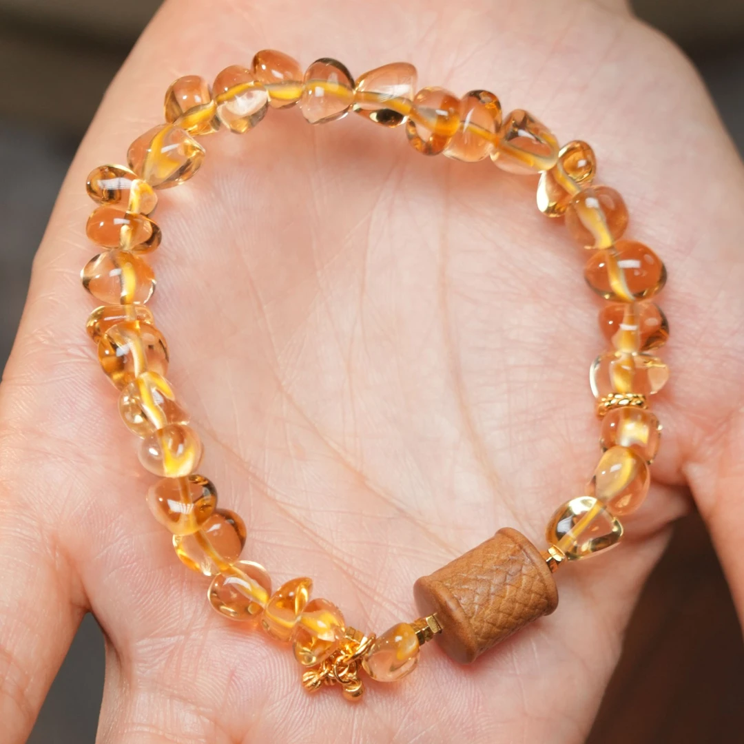 【大麦】天然黄水晶随形+印度老山檀桶珠雕刻 丰收的季节
