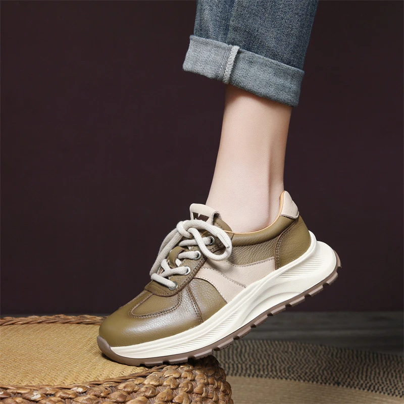 2025春季新款头层牛皮厚底鞋女坡跟休闲鞋百搭显瘦撞色透气阿甘鞋