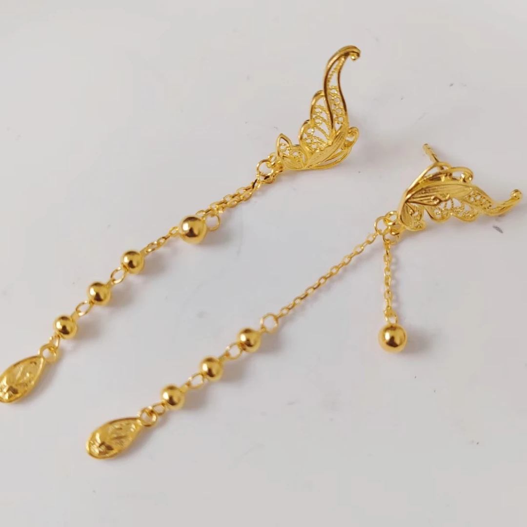 足金999  蝴蝶流苏耳钉 直