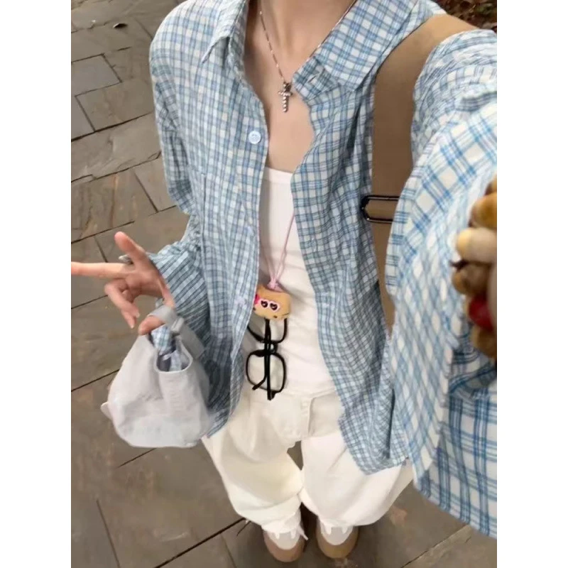 薄款蓝色2025长袖外套衬衫宽松防晒新款格子上衣夏季衬衣法式女装