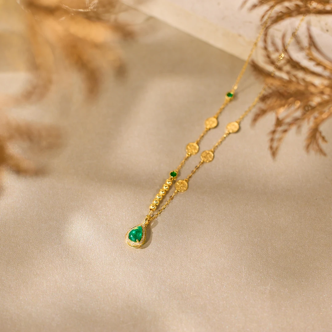 【歪歪】五路财神-水滴祖母绿项链18K金镶嵌明星同款饰品X-S4674