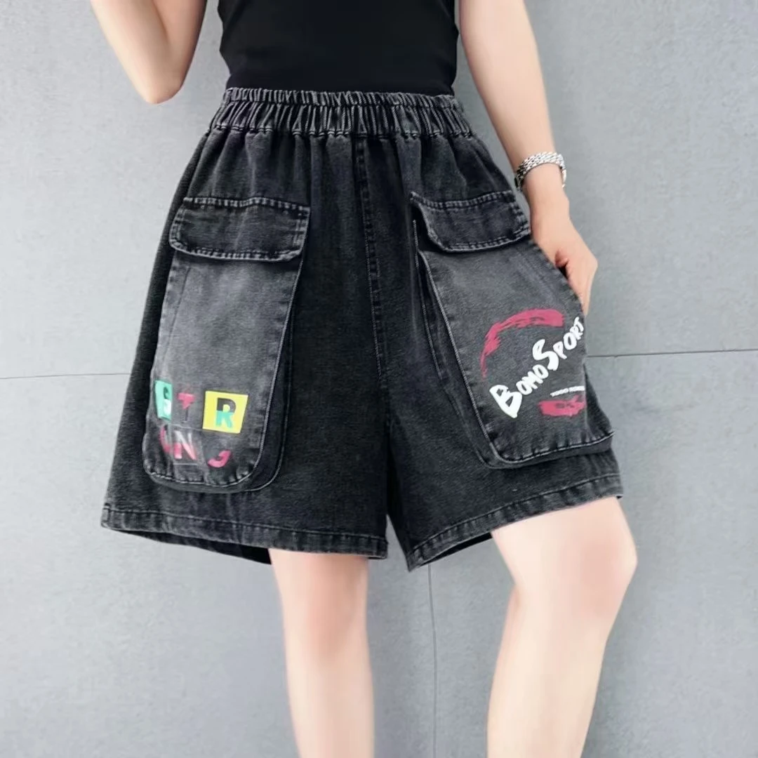 啵啵CM7153大口袋字母印花牛仔短裤