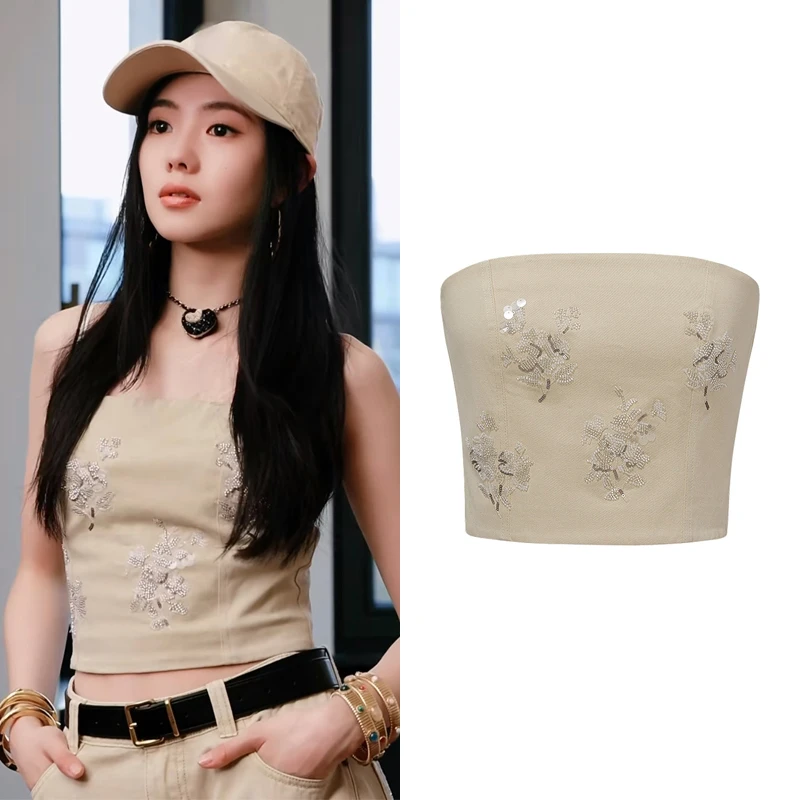 【抹胸背心】明星刘浩存同款牛仔抹胸夏季新款重工钉珠上衣女A6338