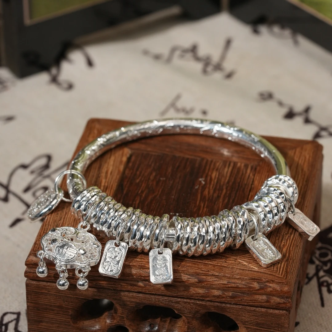 足银手镯 平安锁盘缠手镯女平安喜乐闭口万贯闭口纯银999镯子24