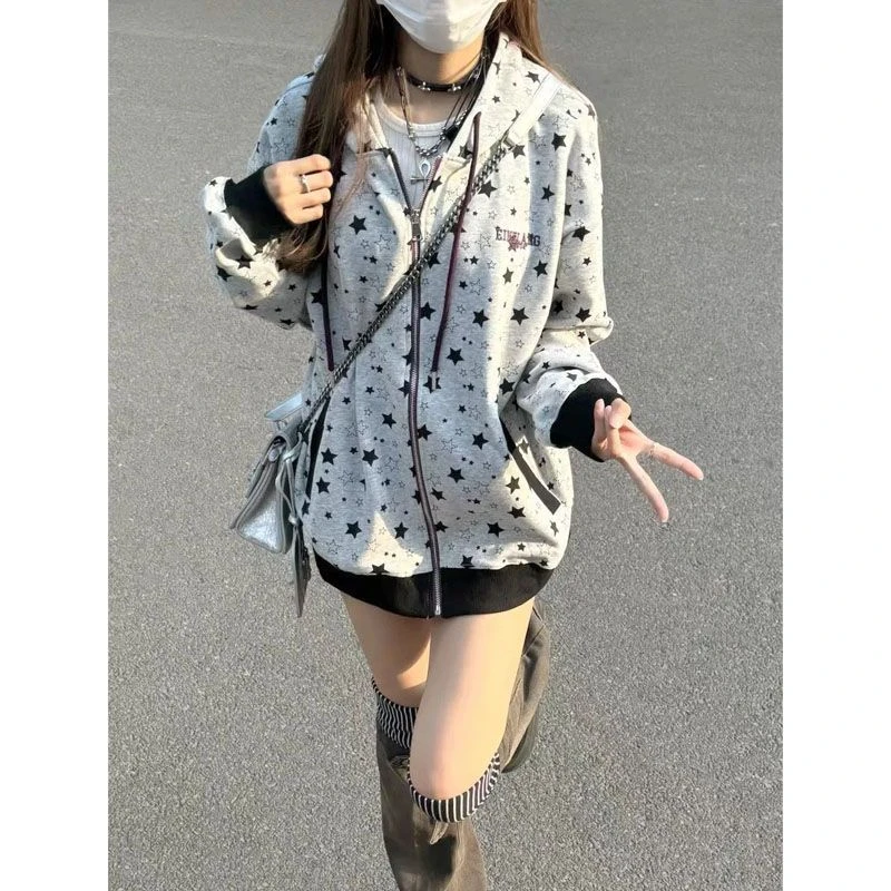 新款美式复古星星满印灰色连帽卫衣女秋冬新款宽松拉链开衫外套
