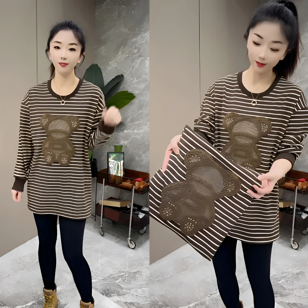 圆领立体装饰中长款条纹时尚长袖卫衣高质感穿搭百搭