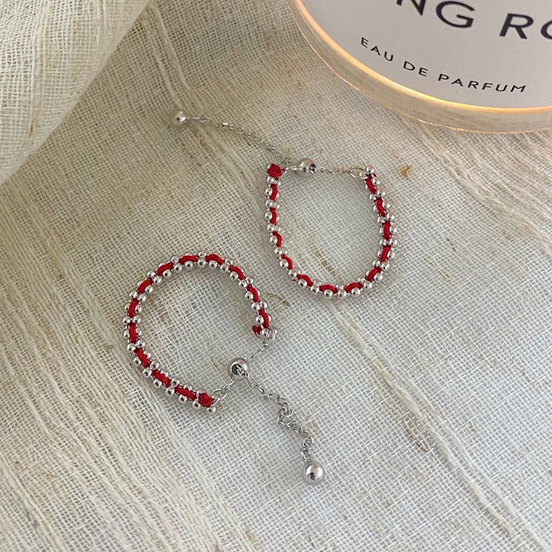 925银戒指 925纯银圆珠戒指女时尚抽拉可调节本命年红色指环R150