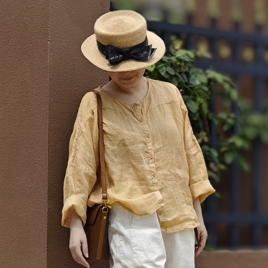 夏季炒色苎麻衬衫女文艺圆领纯色衬衣日系上衣长59胸围140袖长31